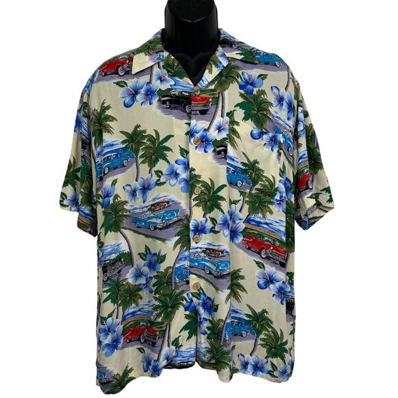 Island Collection Hawaiian Shirt L 1950s Vintage Chevy Cars Tropical Beach Mens - Picture 1 of 7
